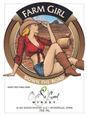 drawing of a young farm woman sitting casually across the OSG label